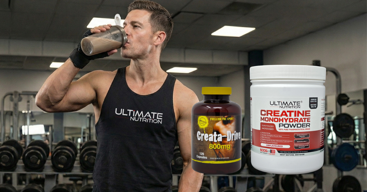 Ultimate Nutrition Creata‑Drive and Creatine Monohydrate powder showcased in a gym setting with an athlete training, highlighting strength, power, and performance benefits.