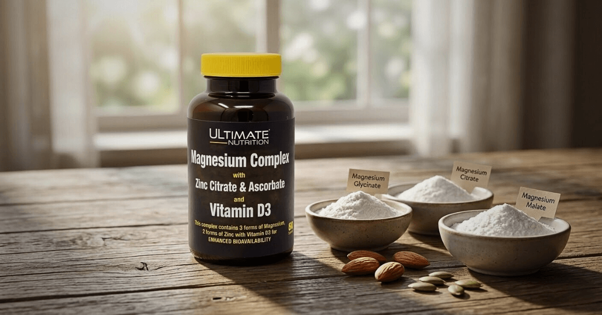 Triple Magnesium Complex supplement bottle with magnesium glycinate, citrate, and malate powders displayed alongside nuts and seeds on a wooden surface at Ultimate Nutrition